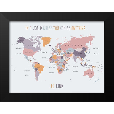 Be Kind World Map 4 Black Modern Wood Framed Art Print by Urban Epiphany