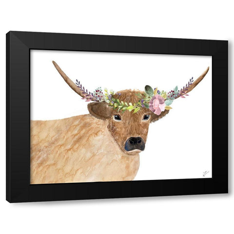 Steer Head Floral Black Modern Wood Framed Art Print by Barski, Karen