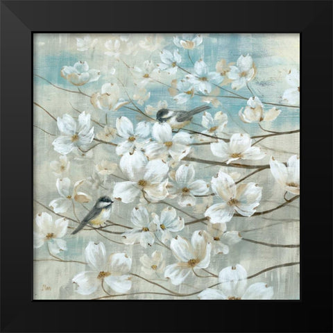 Chickadees and Dogwood Black Modern Wood Framed Art Print by Nan