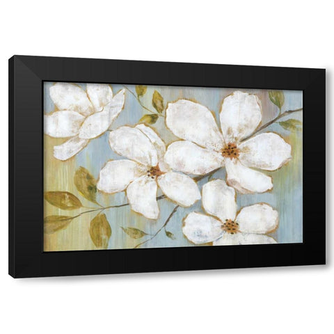 White Blossoms Black Modern Wood Framed Art Print by Nan