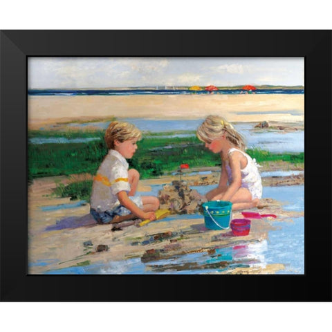 Building Sand Castles Black Modern Wood Framed Art Print by Swatland, Sally