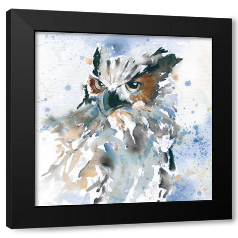 Owl On Blue Black Modern Wood Framed Art Print with Double Matting by Robinson, Carol