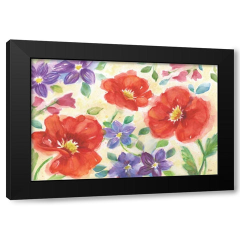 Summer Peonies, Red Black Modern Wood Framed Art Print with Double Matting by Nan