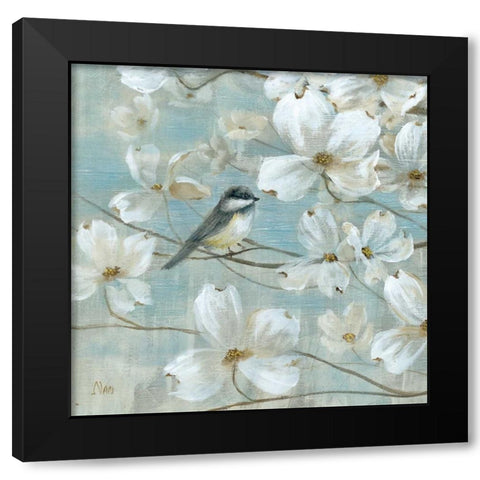 Chickadees and Dogwood Black Modern Wood Framed Art Print by Nan