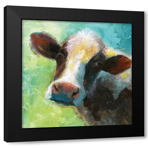 Colorful Quirky Cow Black Modern Wood Framed Art Print by Nan