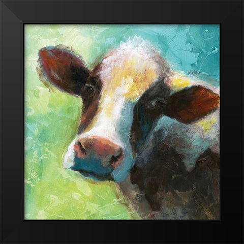 Colorful Quirky Cow Black Modern Wood Framed Art Print by Nan