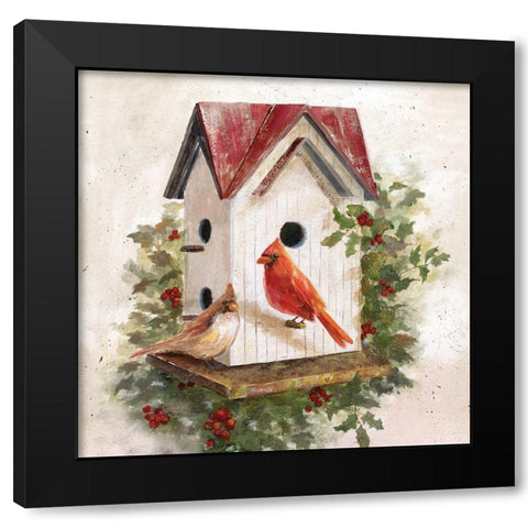 Holly Berry Birdhouse Black Modern Wood Framed Art Print by Nan