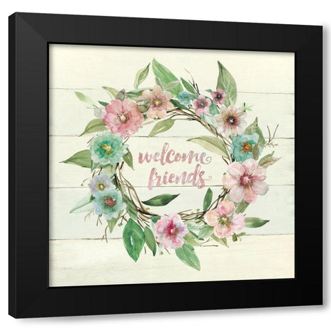 Welcome Wreath Black Modern Wood Framed Art Print with Double Matting by Robinson, Carol
