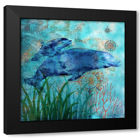 Deep Sea Dolphins Black Modern Wood Framed Art Print by Nan