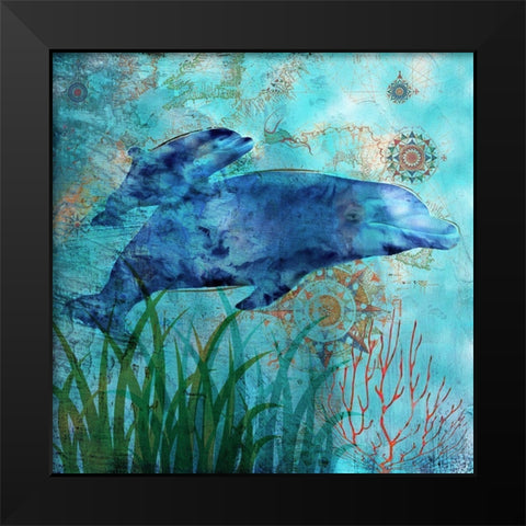 Deep Sea Dolphins Black Modern Wood Framed Art Print by Nan