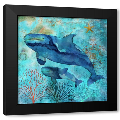 Deep Sea Whales Black Modern Wood Framed Art Print by Nan
