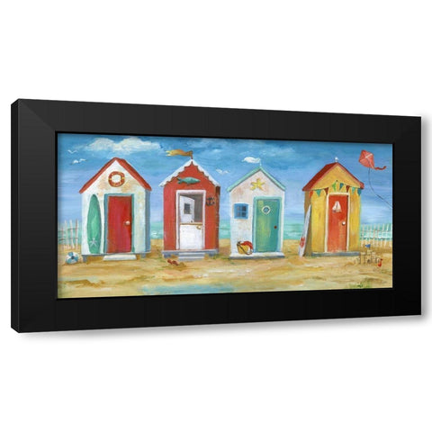 Bright Beach Huts Black Modern Wood Framed Art Print with Double Matting by Nan