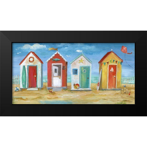 Bright Beach Huts Black Modern Wood Framed Art Print by Nan