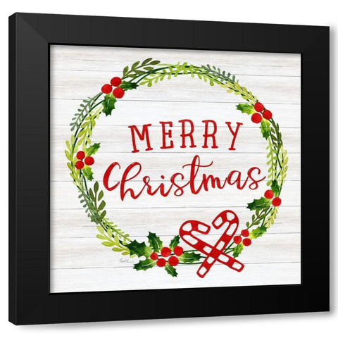Merry Christmas Wreath Black Modern Wood Framed Art Print with Double Matting by Carpentieri, Natalie