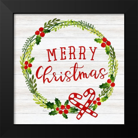 Merry Christmas Wreath Black Modern Wood Framed Art Print by Carpentieri, Natalie