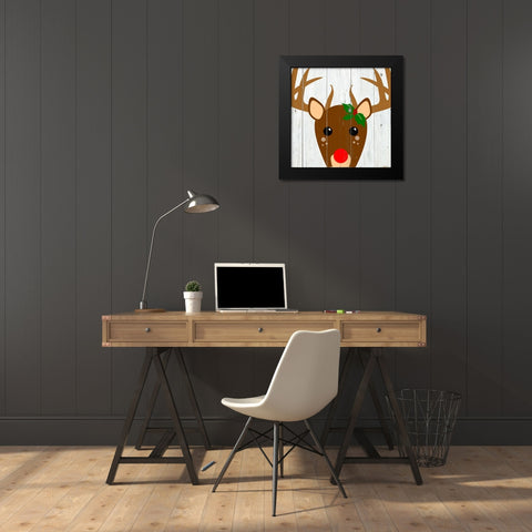 Holly Reindeer Black Modern Wood Framed Art Print by Santiago, Daniela