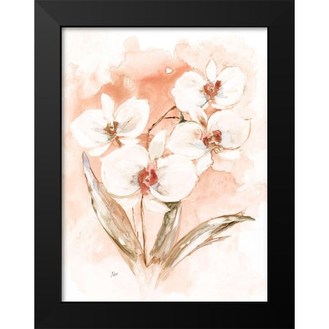 White and Coral Orchid I Black Modern Wood Framed Art Print by Nan