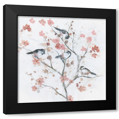 Chickadees In Spring II Black Modern Wood Framed Art Print with Double Matting by Nan