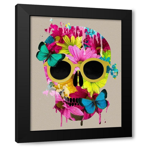 Floral Skull Black Modern Wood Framed Art Print with Double Matting by Santiago, Daniela