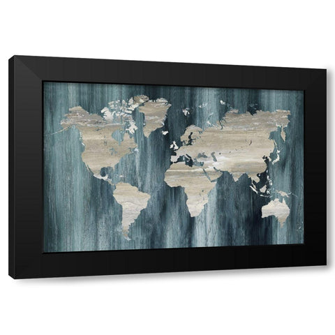 Navy World Map Black Modern Wood Framed Art Print with Double Matting by Nan