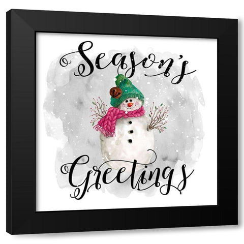 Snowman Seasons Greetings Black Modern Wood Framed Art Print with Double Matting by Robinson, Carol