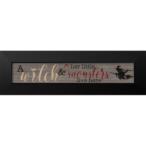 Witch and Her Little Monsters Black Modern Wood Framed Art Print by CAD Designs