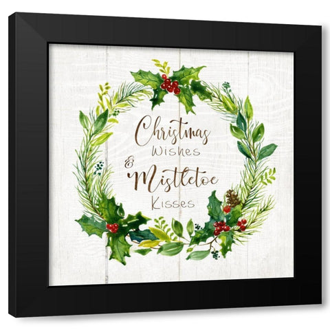 Christmas Wishes Wreath Black Modern Wood Framed Art Print with Double Matting by Nan