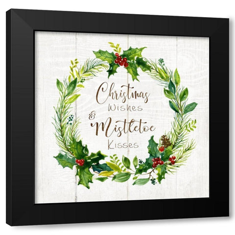 Christmas Wishes Wreath Black Modern Wood Framed Art Print by Nan