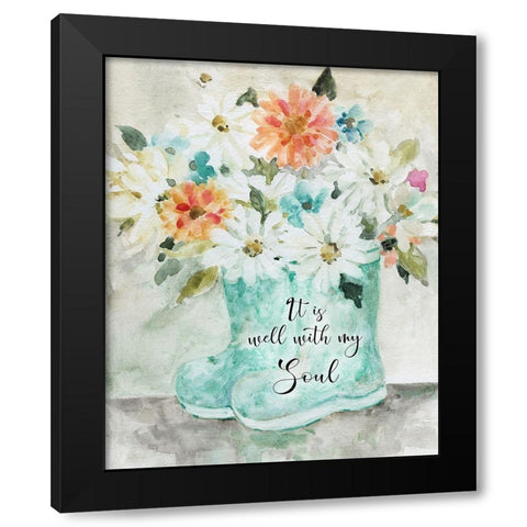 Daisy Wellies Bouquet Black Modern Wood Framed Art Print by Robinson, Carol