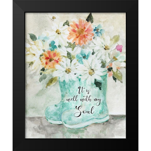 Daisy Wellies Bouquet Black Modern Wood Framed Art Print by Robinson, Carol