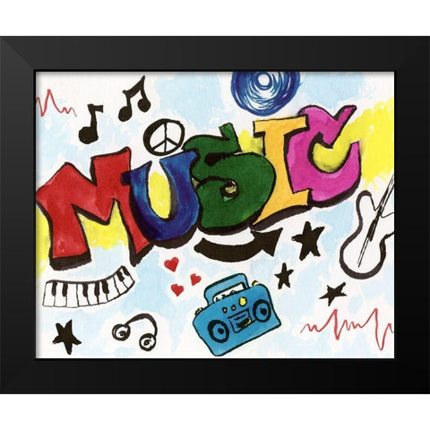 Music Graffiti Black Modern Wood Framed Art Print by Craven, Katrina