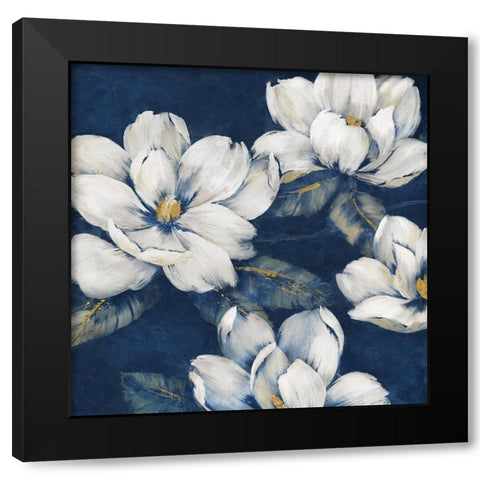 Magnolias Indigo Black Modern Wood Framed Art Print with Double Matting by Nan