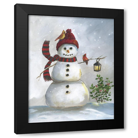 Snowman and Cardinal I Black Modern Wood Framed Art Print with Double Matting by Nan