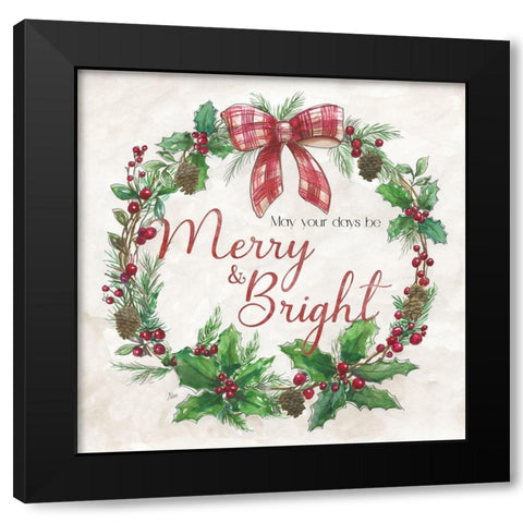 Merry And Bright Wreath Black Modern Wood Framed Art Print with Double Matting by Nan