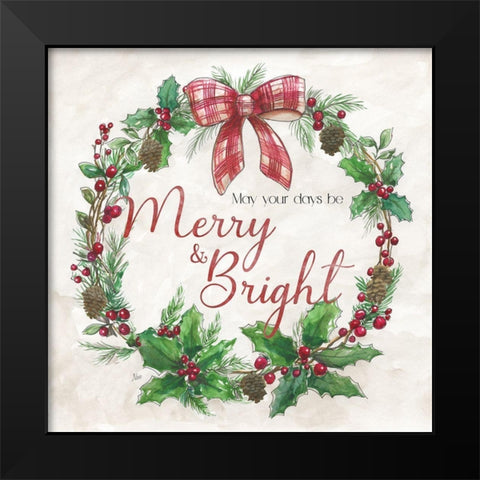 Merry And Bright Wreath Black Modern Wood Framed Art Print by Nan