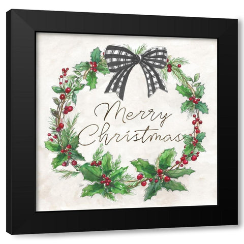Berry Christmas Wreath Black Modern Wood Framed Art Print with Double Matting by Nan