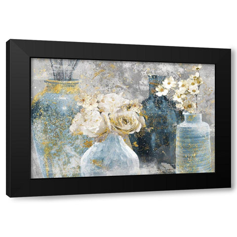 Vessels and Blooms Blues Black Modern Wood Framed Art Print by Nan