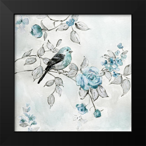 Finch and Spring Rose Climbers I Black Modern Wood Framed Art Print by Swatland, Sally