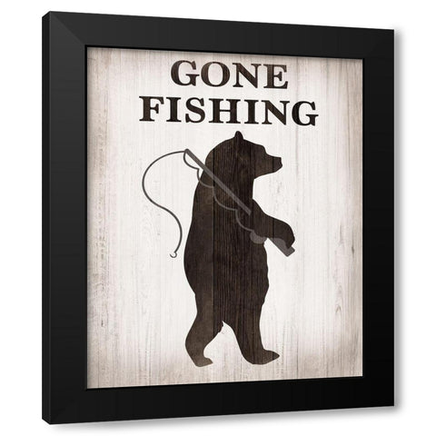 Bear Gone Fishing Black Modern Wood Framed Art Print with Double Matting by CAD Designs