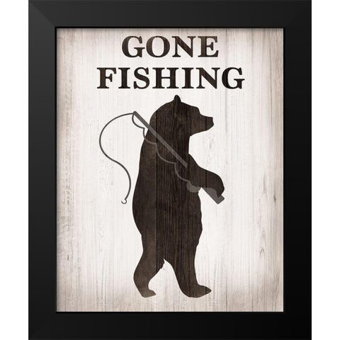 Bear Gone Fishing Black Modern Wood Framed Art Print by CAD Designs