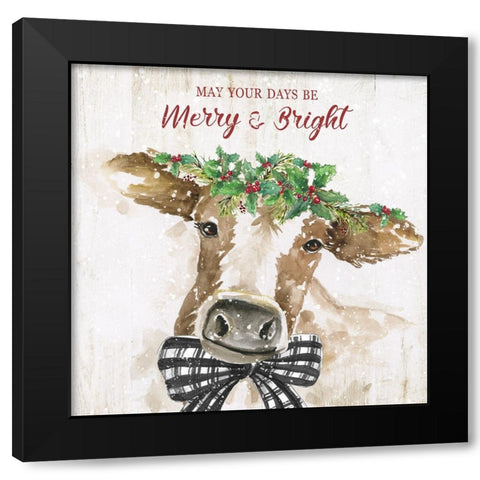 Merry and Bright Cow Black Modern Wood Framed Art Print with Double Matting by Nan