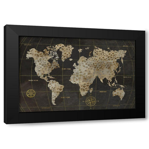 Safari World Map Black Modern Wood Framed Art Print with Double Matting by Nan