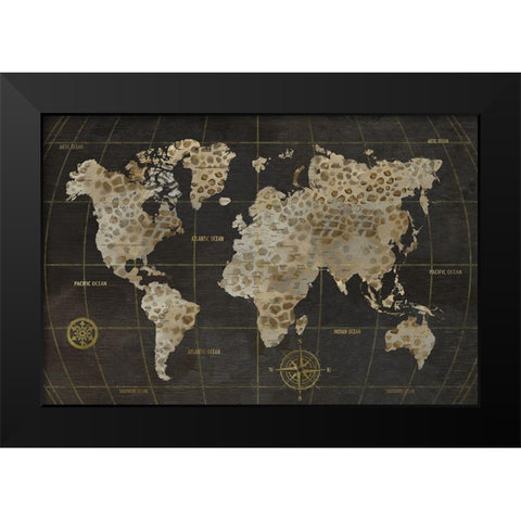 Safari World Map Black Modern Wood Framed Art Print by Nan