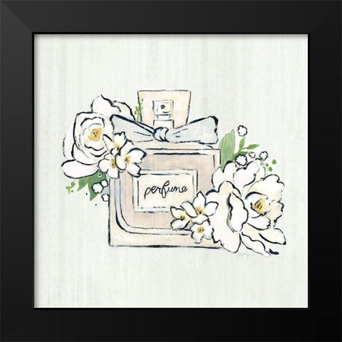 Fashion Floral Perfume Black Modern Wood Framed Art Print by Tava Studios