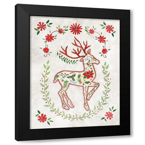 Christmas Folk Reindeer Black Modern Wood Framed Art Print by Tava Studios