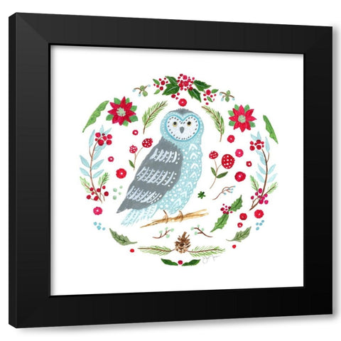 Christmas Folk Owl Black Modern Wood Framed Art Print with Double Matting by Tava Studios