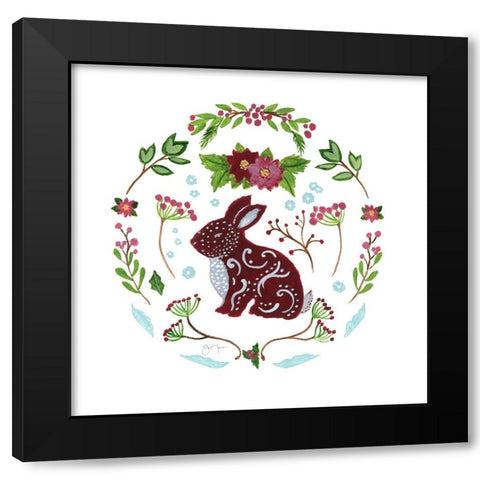 Christmas Folk Rabbit Black Modern Wood Framed Art Print by Tava Studios