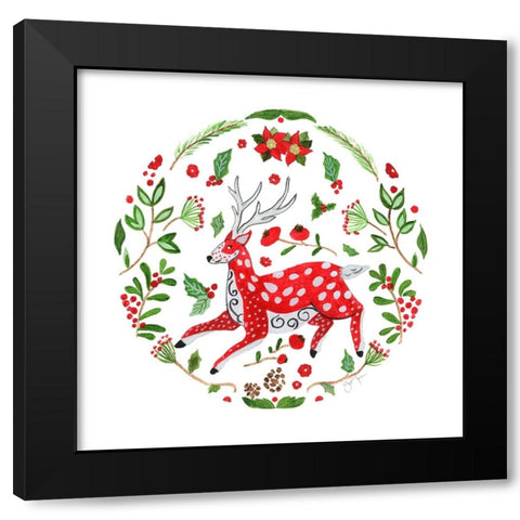 Christmas Folk Deer Black Modern Wood Framed Art Print by Tava Studios
