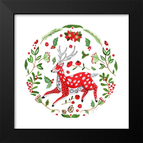 Christmas Folk Deer Black Modern Wood Framed Art Print by Tava Studios