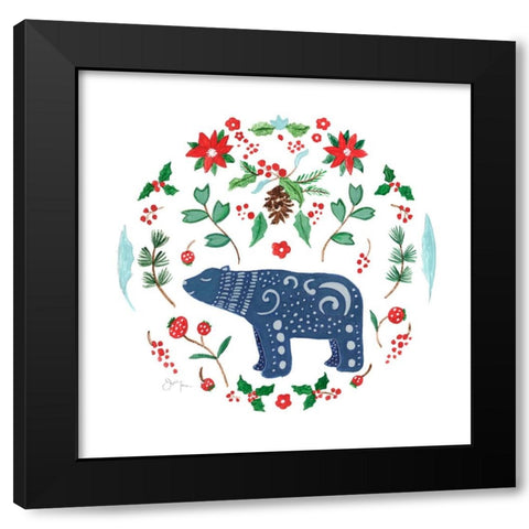 Christmas Folk Bear Black Modern Wood Framed Art Print by Tava Studios